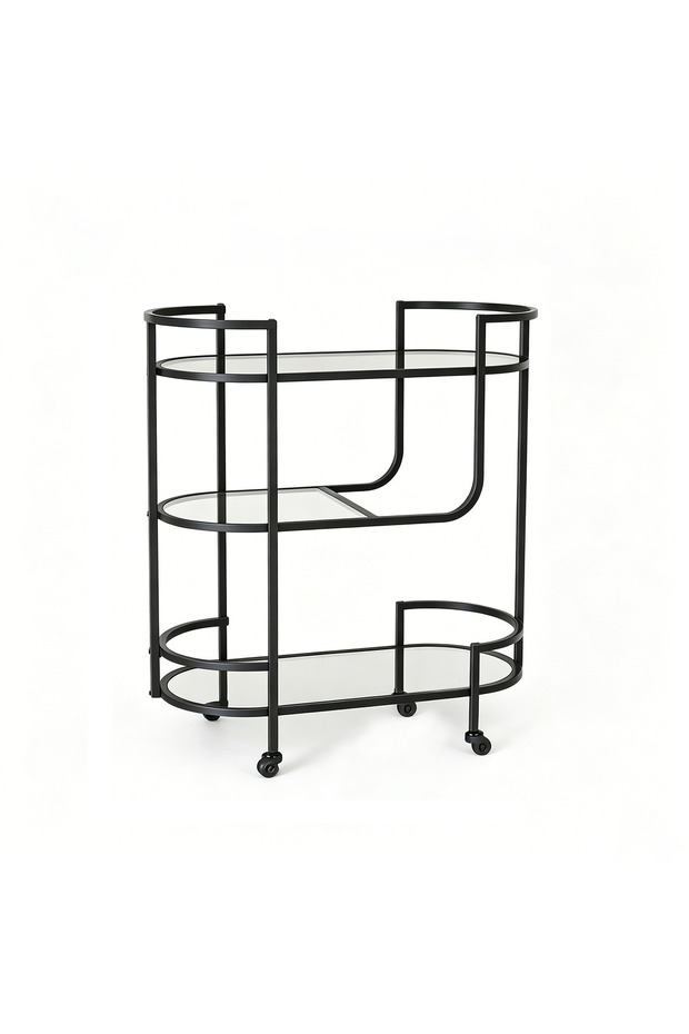 Luxury 3-Tier Oval Bar Cart with Glass Shelves, Sturdy Metal Frame Serving Trolley on Wheels for Kitchen, Dining Room, and Office – Black/Gold/Silver