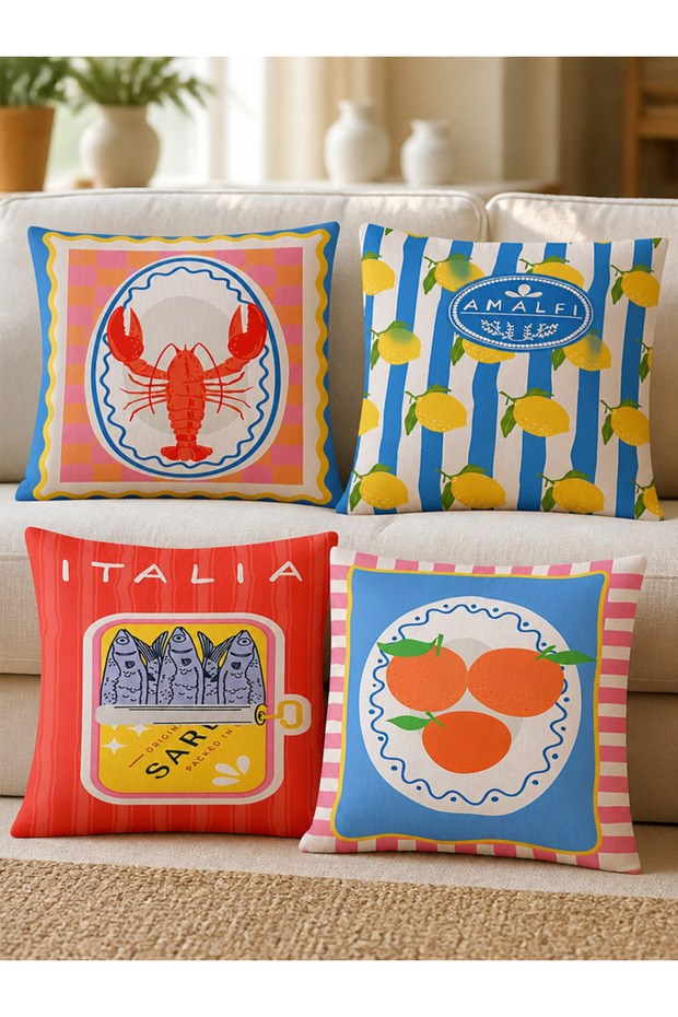 Set of 4 Decorative Pillow Covers - Italian Amalfi Inspired, 43X43 Cm, Double-Sided Printed Throw Pillow