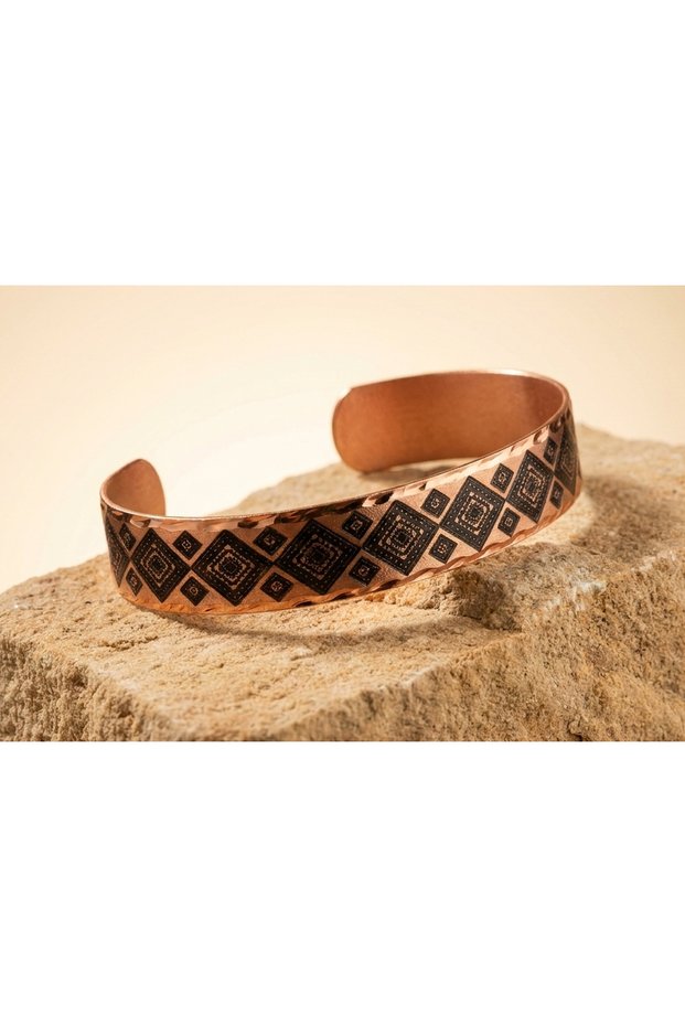 Copper Baklava Geometric Patterned Adjustable Clamp Bracelet