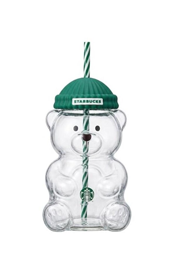 Bearista Glass Mug with Green Beanie Lid & Straw 591ml
