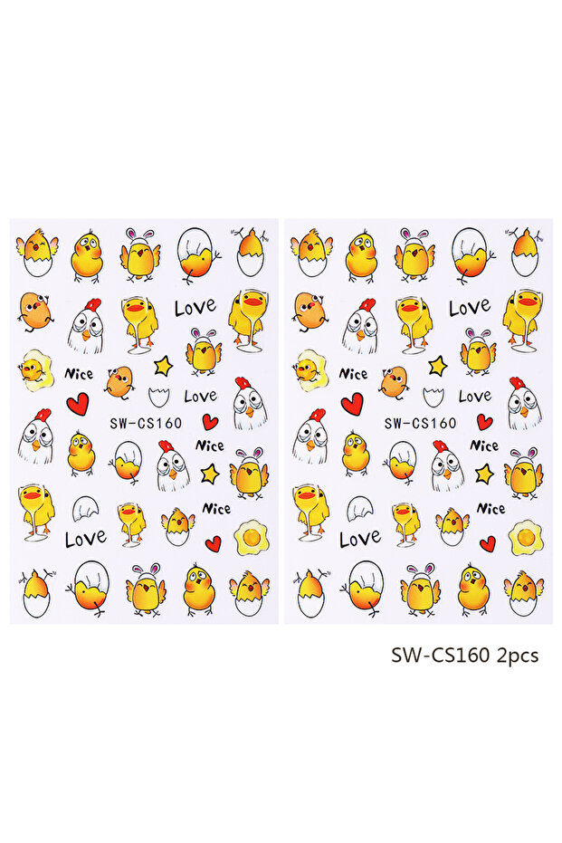 SW-CS160-2pcs 2pcs Cartoon Chicken Egg Nail Stickers Cute Easter Eggs Bunny Ears Star Love Heart Des