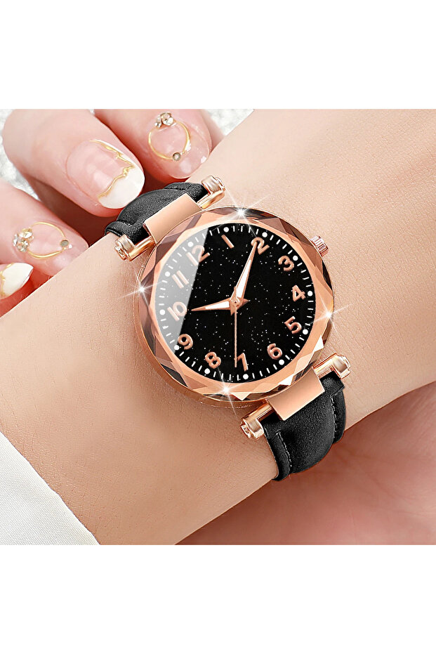 1 5pçs moda céu estrelado dial relógios femininos simples casual pulseira de couro mulher relógio d.
