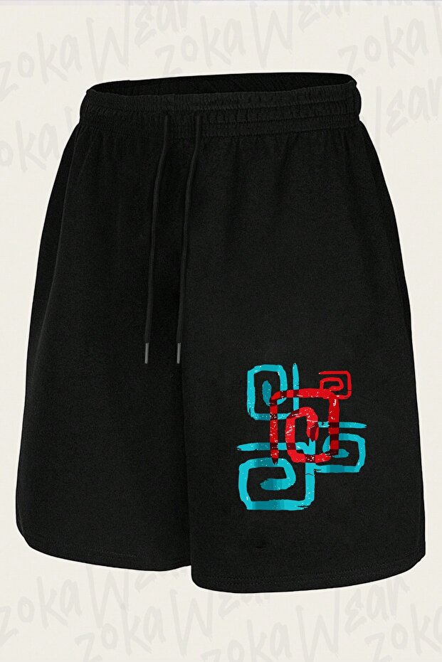 Unisex Red and Blue Turning Line Design Printed Shorts