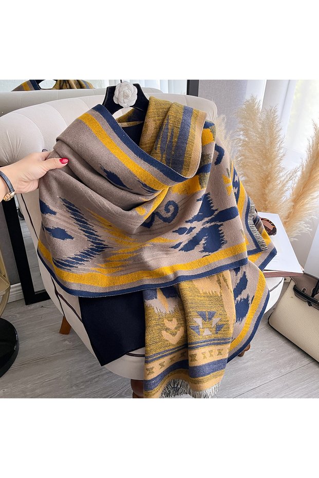 Navy Blue Women's New Winter Thick Double-Sided Jacquard Faux Cashmere Scarf - Warm Pashmina Shawl,