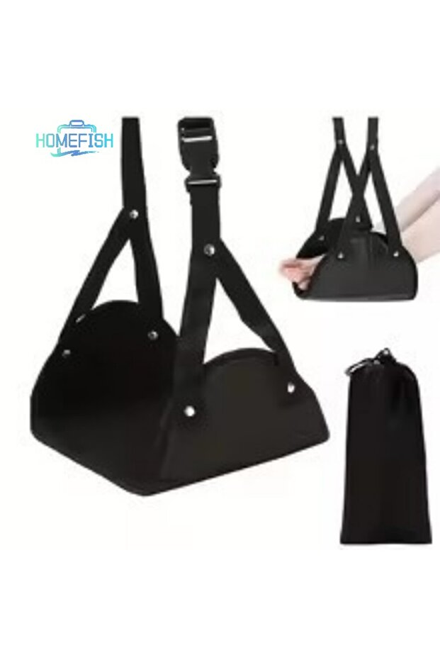 black Homefish Airplane Footrest With Adjustable Strap, Portable Hammock Leg Rest, Perfect Travel Ac