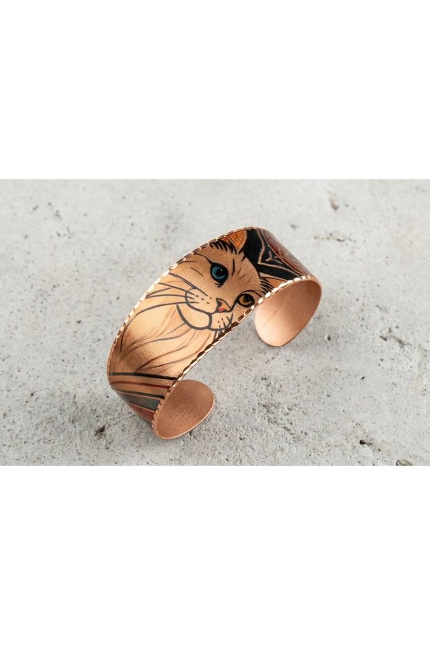Copper Cat Patterned Wide Adjustable Cuff Bracelet