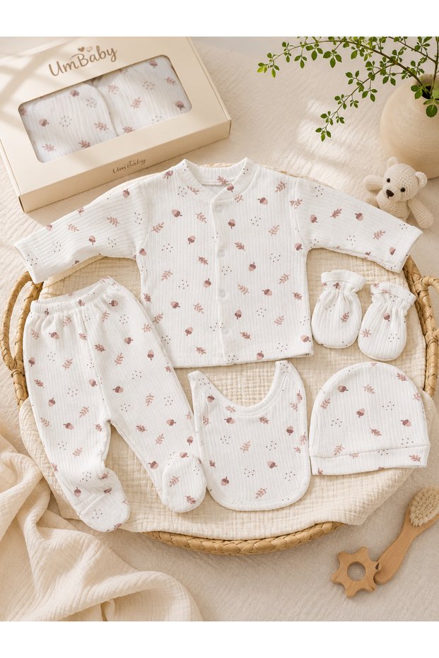 Newborn 5-Piece Hospital Discharge Set, 100% Cotton Ribbed Boxed Gift Baby Bodysuit Set