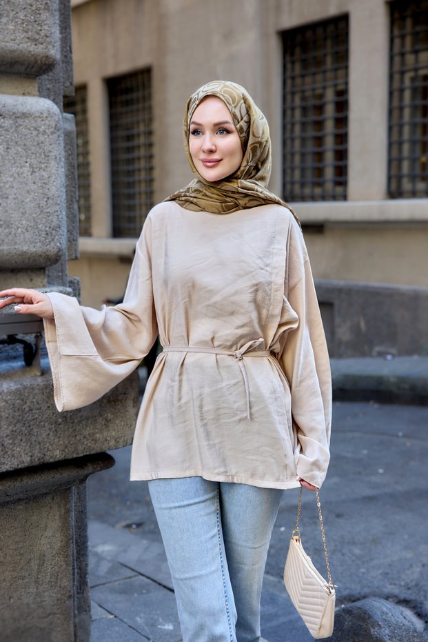 Women's Side Cutout Detail Waist Tie Modal Tunic Cream