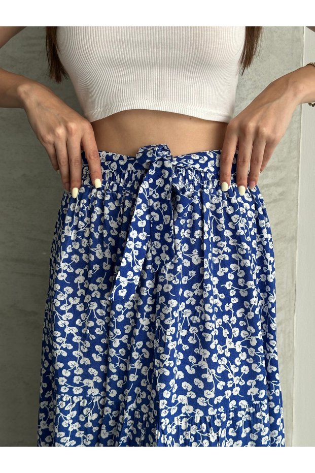 Women's Skirt with Elastic Waist and Belt, Drawn-Strapped Cotton, Gonca Pattern, Stylish Summer Skirt