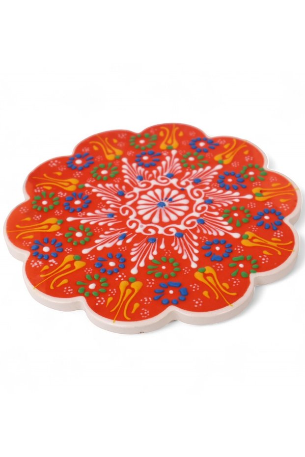 Orange Embossed Tile Patterned Ceramic Trivet Heat Resistant Pot Pan and Teapot Mat Non-Slip Cork Base 17 cm