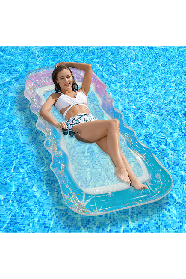 B 1PC Inflatable Gradient Wave Mesh Lounge Chair, Floating Pvc Adult Water Leisure Hammock Suitable.