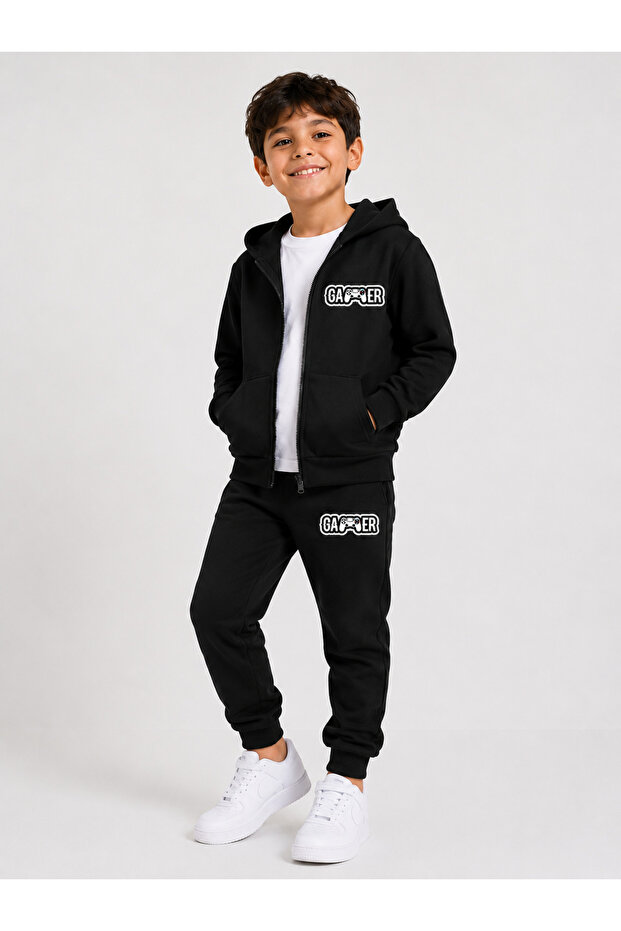 Gamer Printed Zippered Boys' Top and Bottom Tracksuit Set