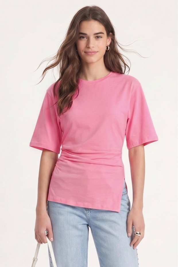 Women's Pam 100% Cotton Gathered Asymmetrical Knitted Pink Blouse