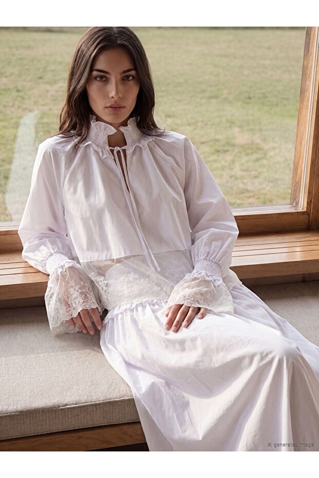 Lcw Vision White Tie-Neck Gathered Poplin Blouse
