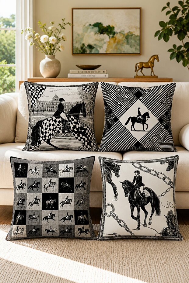 Manej Atları Patterned 4-Piece Throw Pillow Cover Set