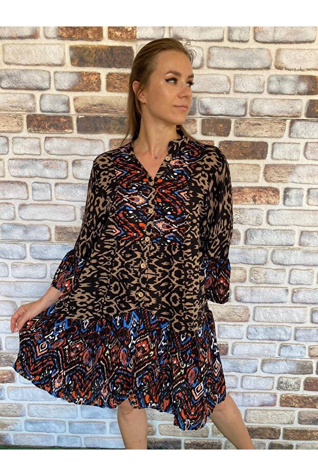Women's Patterned Pompom Three Quarter Sleeve Viscose Fabric Dress 40-46