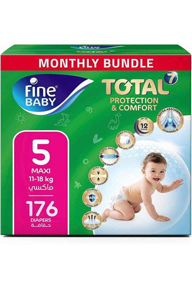 Total 7 Diapers, Size 5 Maxi (11–18 kg), 176 Count. Superior Protection & Comfort, Extra Absorbent, Improved Formula