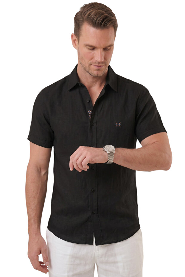 Black Flamed Linen Men's Shirt – Summer 100% Cotton Relaxed Fit 2602652