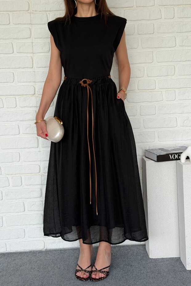 Black, Padded, Garnished and Leather Belted Dress 0103