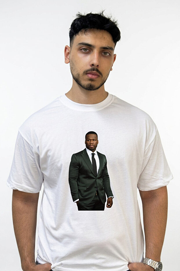 تي شيرت أبيض كبير الحجم مطبوع بتصميم 50 Cent_62
