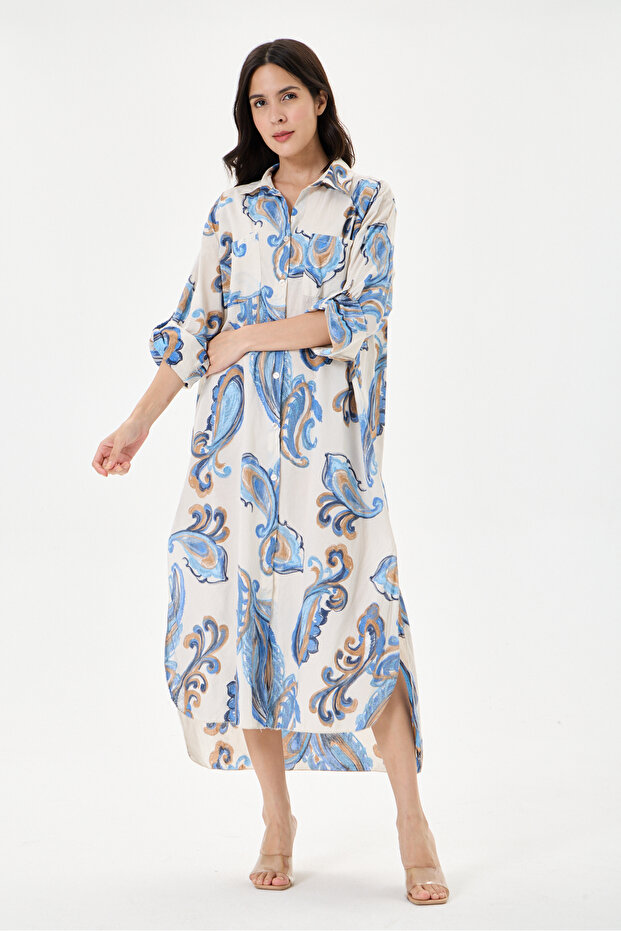 Beige Italian Shawl Pattern Side Slit Folded Long Sleeve Oversize Shirt Dress Size 40 - 44
