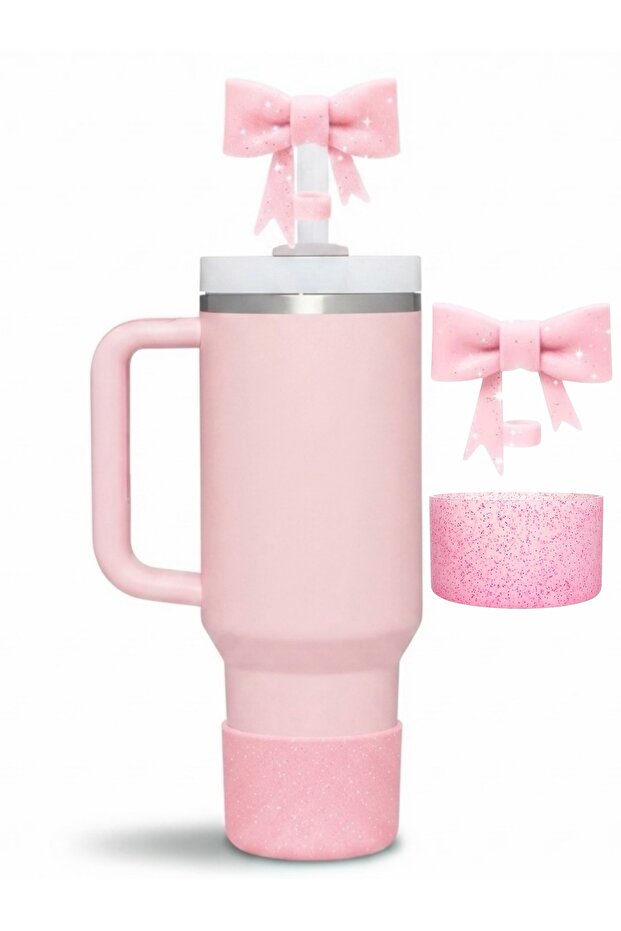 Pink Glitter Silicone Thermos Base Protector and Bowknot Straw Stopper Set – Dust and Insect Blocker