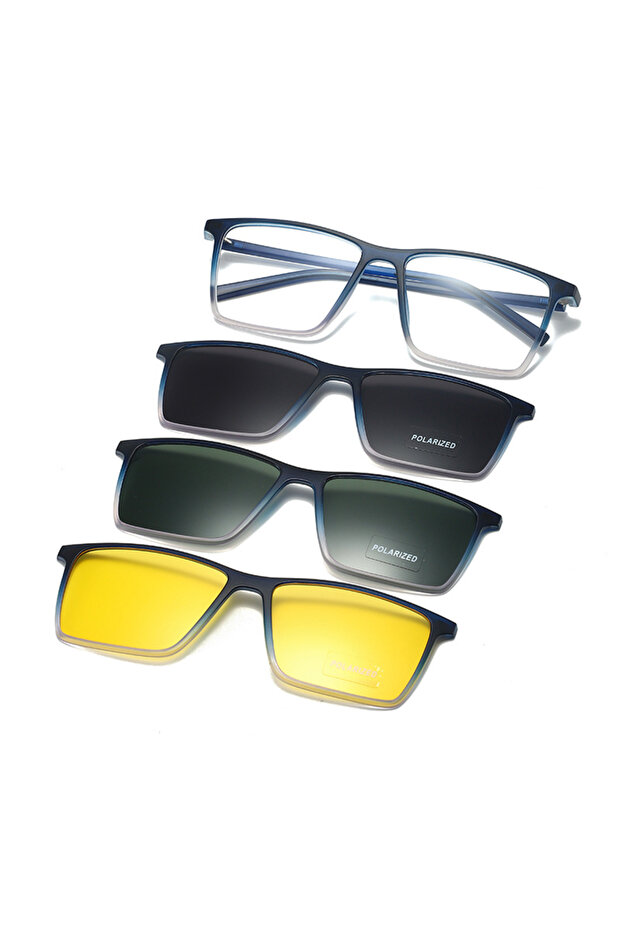 Men's Magnetic Polarized Clip-On Glasses Uv400 Protection Night Driving Lens Lightweight Rectangular Optical Frame 3 Clip Set Blue