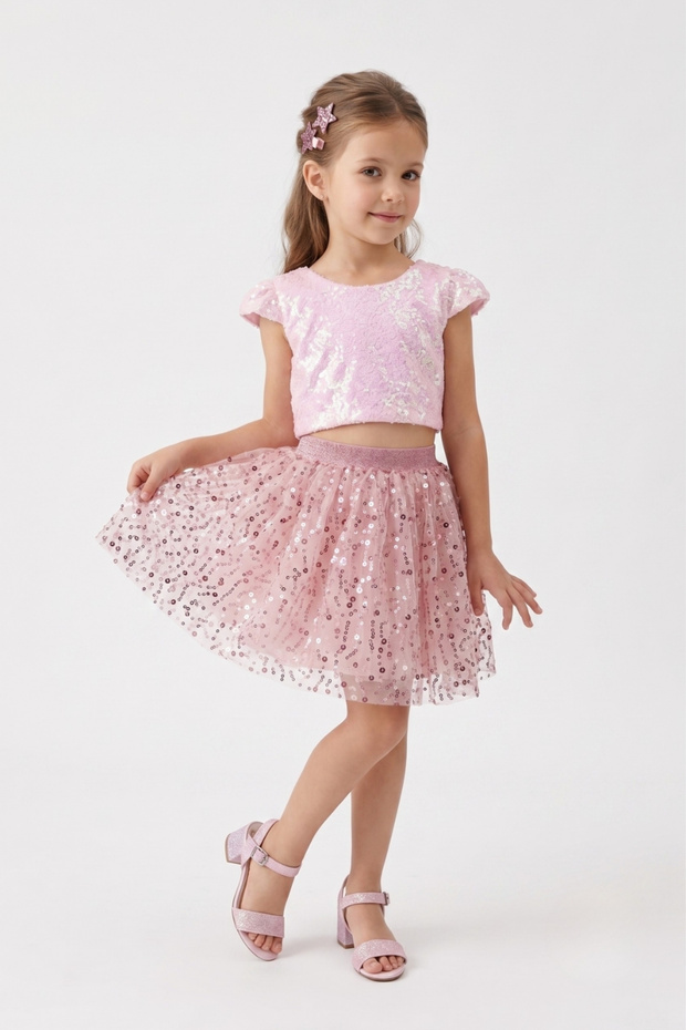 Powder Sequined Beaded Girls' Tulle Skirt - Pauline