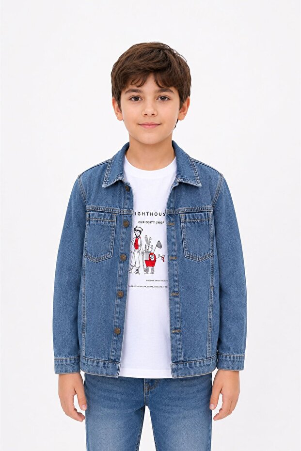 Blue Printed T-Shirt Boys' Jean Shirt Set 24162
