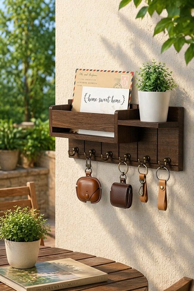 1 Solid Wood Wall Key Holder Organizer Shelf Entryway 6 Metal Hooks Basket Rustic Brown
