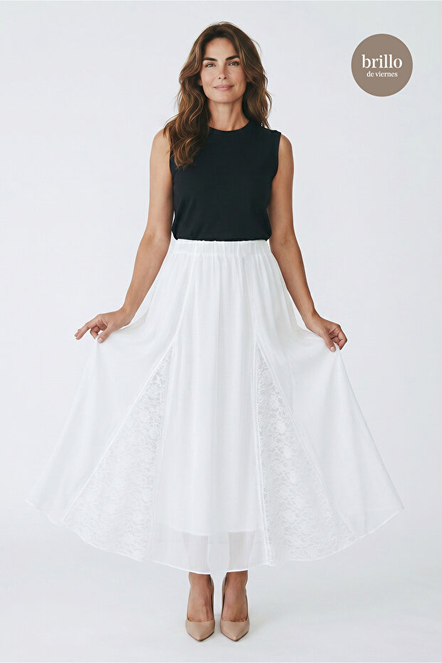 Black Lace-Guipure Detailed Midi Length Lined Skirt