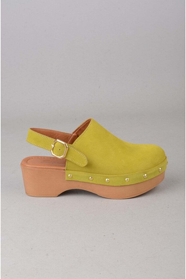 Seç 7607 genuine leather clog slippers (heel: 5.5 cm) green suede