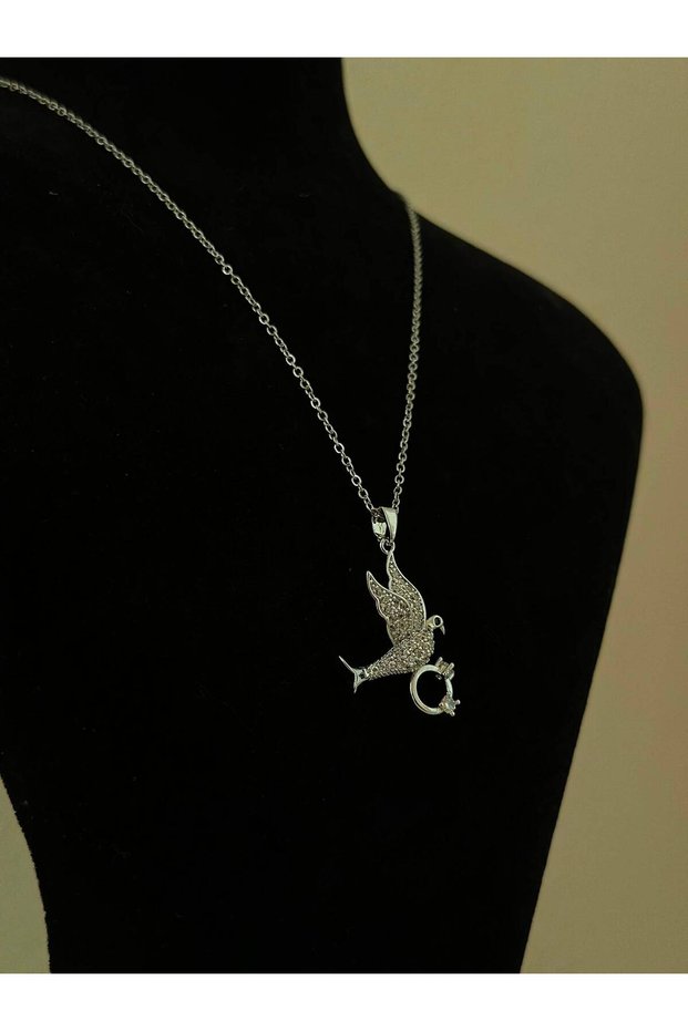 Elegant Stone Bird Figured Silver Color Necklace