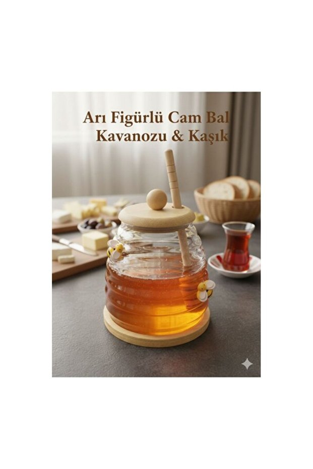 Glass Honey Jar with Bee Figure, Bamboo Lid and Spoon Set