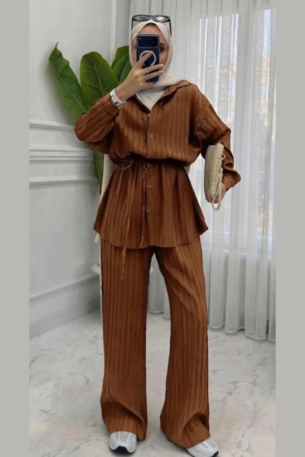 Women's Pleated Shirt and Pants Set | Beli Lace-Up Double Set | Buttoned Long Sleeve Shirt | Wide Leg Pants | Daily Stylish Hijab Women's Set