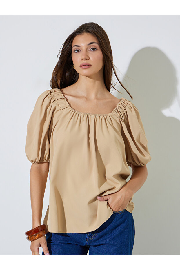 Beige Puff Sleeve Blouse with Square Neck