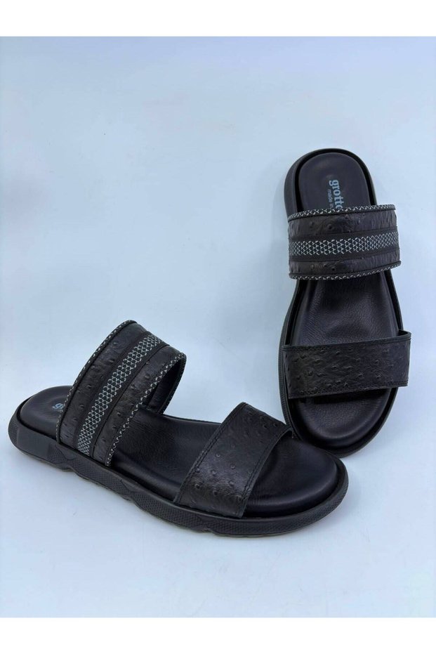 Black Straw Detail Genuine Men's Leather Slippers