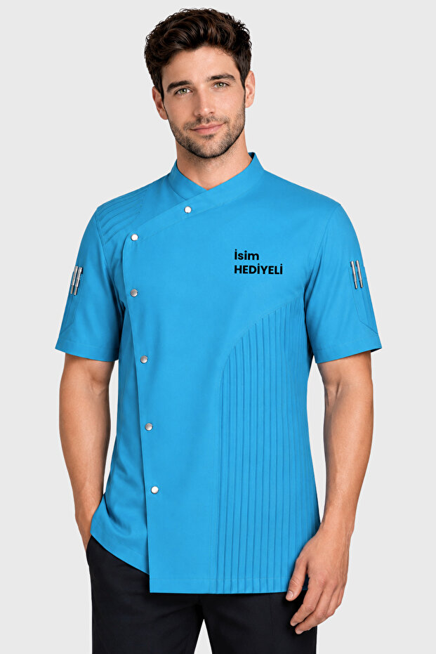 Turquoise Blue Pleated Design Short Sleeve Cook's Jacket with Name Gift Summer Chef Jacket Cook's Uniform