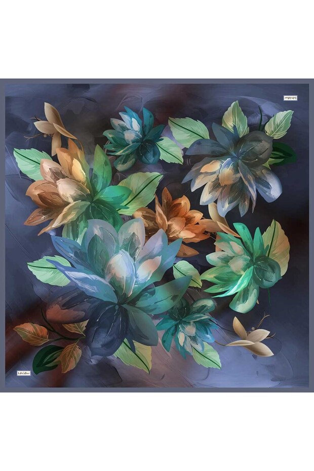 Navy Blue Leaf Patterned Sura Silk Scarf