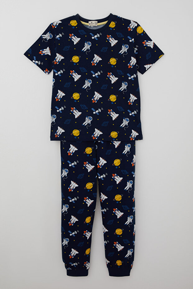 Boys' Pajama Set, Short Sleeve, Space Themed, Astronaut Patterned, Ages 8-12, Navy Blue