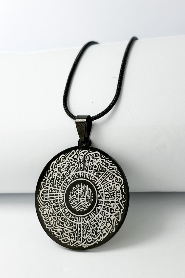 Black Color 3.5 cm Circle Double Sided Four Kul & Inshirah Surahs Written 60 cm Italian Chain 316L Stainless Steel Necklace