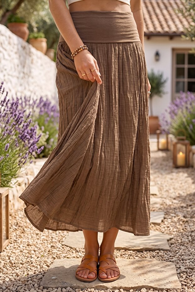 Camel Lined Foldable Fabric Waist Casual Cotton Long Woven Skirt 95 65