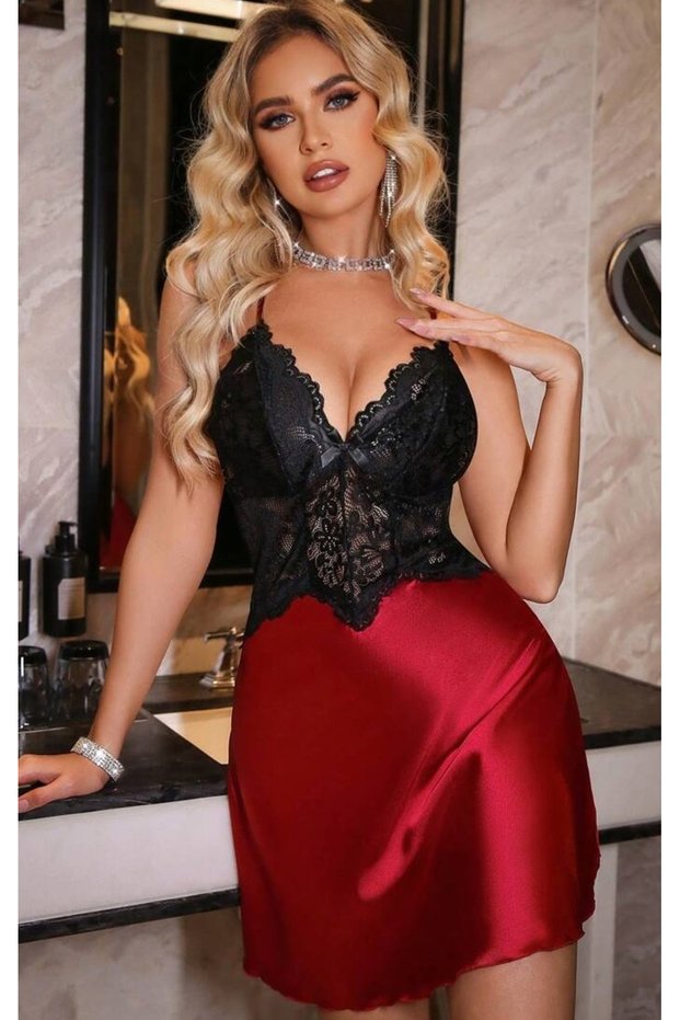 Women's Red Satin Nightgown with Lace Detail and Cross Straps Mini Romantic Nightgown