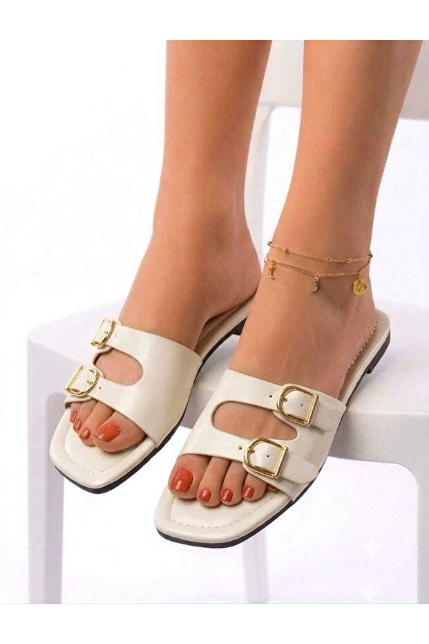Women's Thin Heeled Jurdan Sole Double Buckle Slippers-Beige