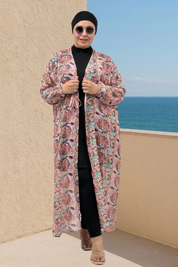 1743 Large Size Mixed Patterned Pareo with Elastic Sleeves - Floral Pattern Powder