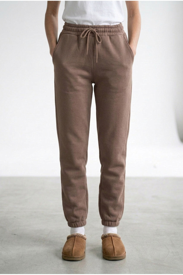 Women's Brown 3-Thread Fleece-Lined Elastic Leg Jogger Cotton Sweatpants