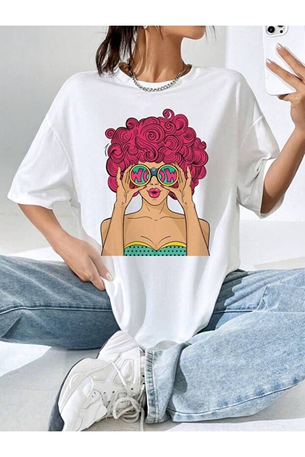 Women's Oversize Cool Street Vibe Printed Crew Neck White T-Shirt