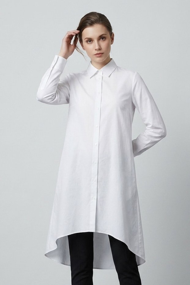 Vayn Comfortable Fit Back Long Flounce Skirt Buttoned Long Sleeve Women's Shirt & Hijab Shirt - White
