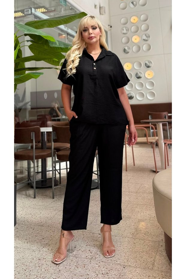 Women's Plus Size Shirt Collar Short Sleeve Loose Cut Textured Linen Tracksuit Set 28003