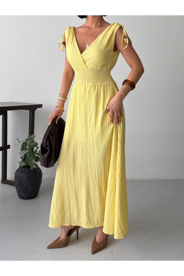 Women's Yellow V-Neck Shoulder Ruffle Detailed Maxi Dress Get26365